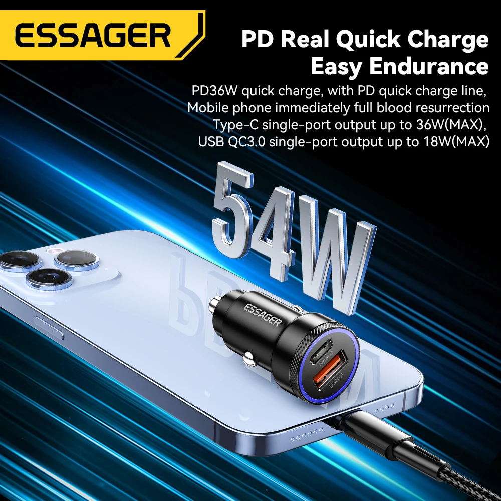 Essager-USBカーチャージャー54W,54W急速充電,5a,3.0 qc,pd,3.0 scp,afc,30W,iPhone ,Huawei,Samsung,Xiaomi用の充電器 - AliExpress
