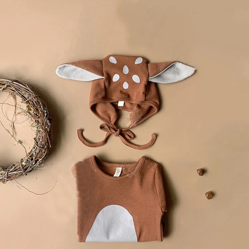 Adorable Baby Sika Deer Romper Hat 2pcs Sets cotton romper baby bodysuit cowboy rompers Brown Infant Boy Girl Bodysuit Cap Clothing Outfits Long Sleeve Autumn Spring