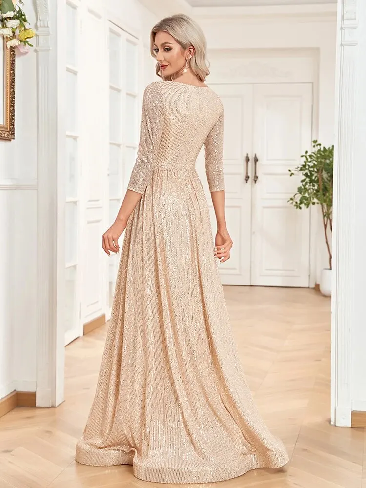 Prom Dress V Neck Long Sleeve Formal Evening Gown Sequin Wedding Party Prom Long Cocktail Dress