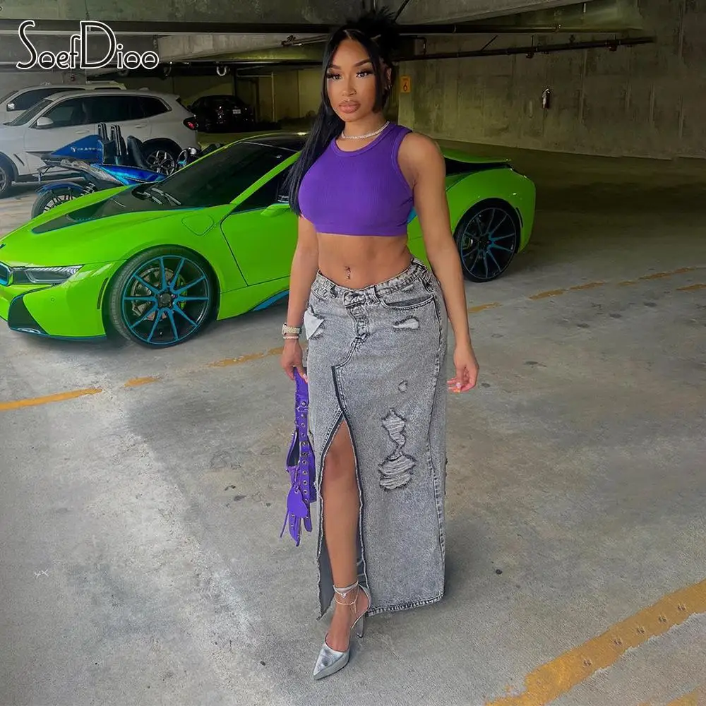 

Soefdioo Fashion Ripped Out Zipper Fly High Split Bodycon Pencil Maxi Long Denim Skirt Women2023 Street Jean Skirts Trending