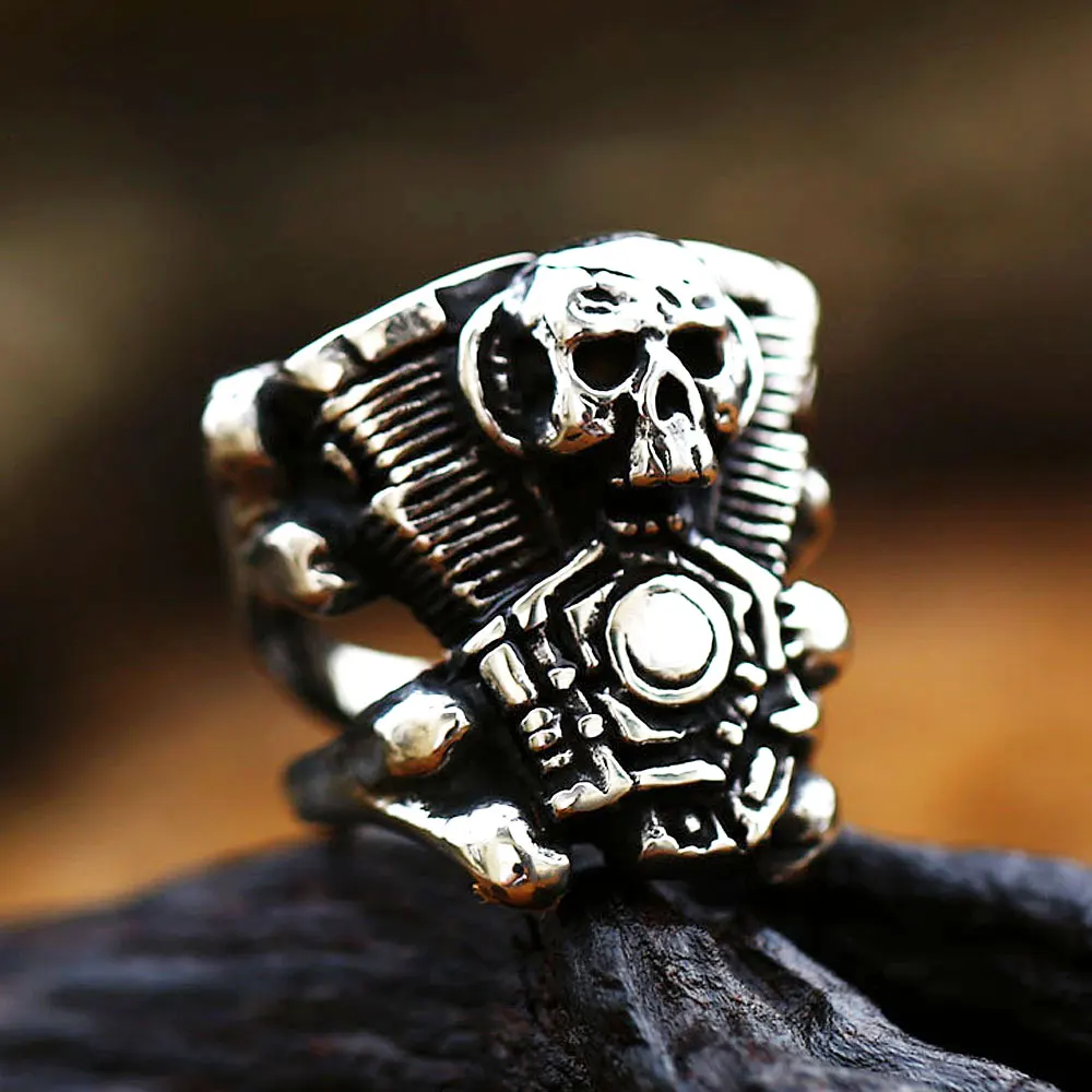 Skull Biker Ring sterling silver 925 bone open mouth Jaws motorcycle men  rocker