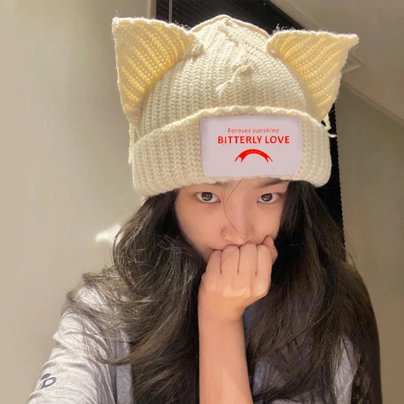 

Cat Ears Hats Couple Knitted Wool Beanies Cute Pig Ears Warm Hat Autumn Winter Casual Bonnets Men Women Tide Solid Bonnet