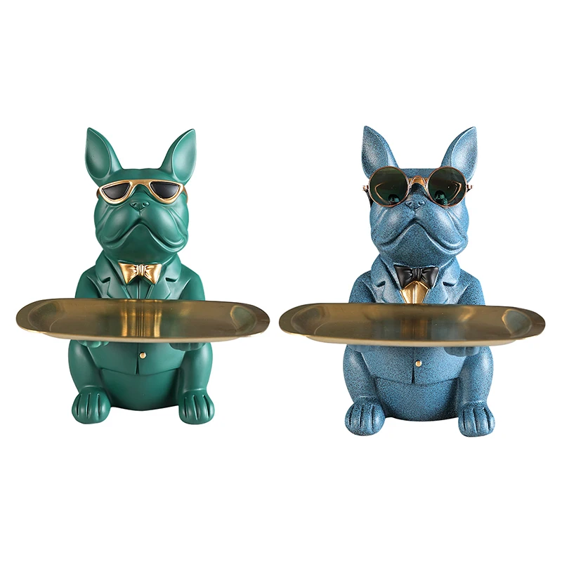 

Nordic French Bulldog Sculpture Dog Figurine Statue Key Jewelry Storage Table Decoration Gift With Plate Glasses