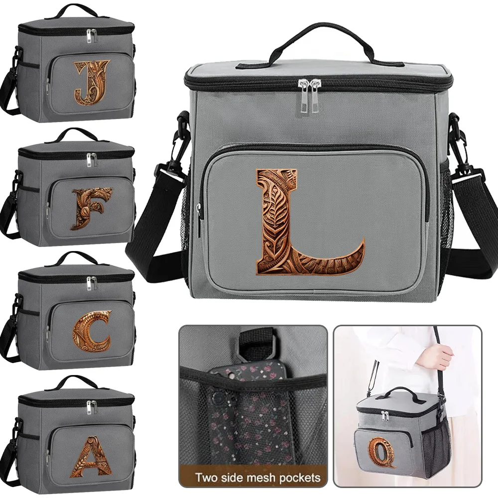 New Large Capacity Portable Food Storage Handbag with Oblique Shoulder Insulation Lunch Bag Wood Art Letter Series Print Pattern 46cm retro woven wood bead rope diy handbag handle bag strap handle shoulder belt handbag replacement with nylon rope