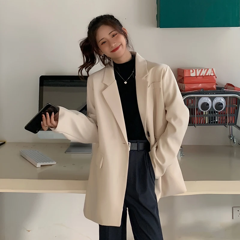 Women Fall Fashion Single-breasted Loose Fitting Blazer Coat Vintage Long Sleeve Pockets Female Outerwear Chic Veste Femme