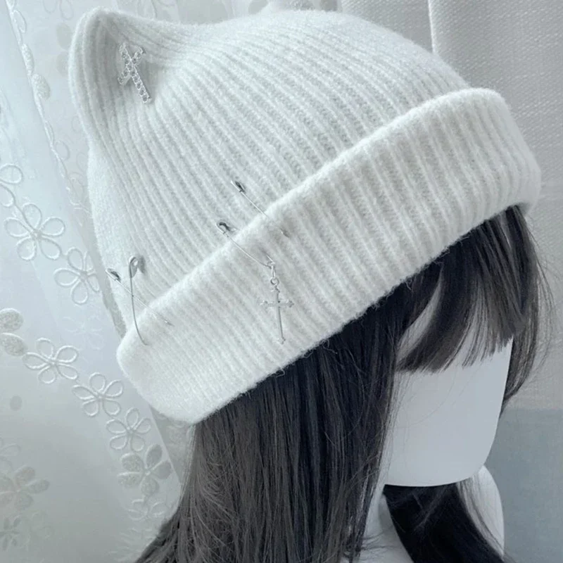 Gothic Knitted Beanie Hat for Women Y2K Cat Ear Hat Handmade Crochet Skull Hat Female Teens Subculture Headwear 2