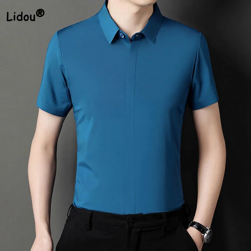 Men's Business Office Solid Color Polo-Neck T-shirt 2023 Fashion Simplicity Short Sleeve All-match Shirt Summer Male Clothes