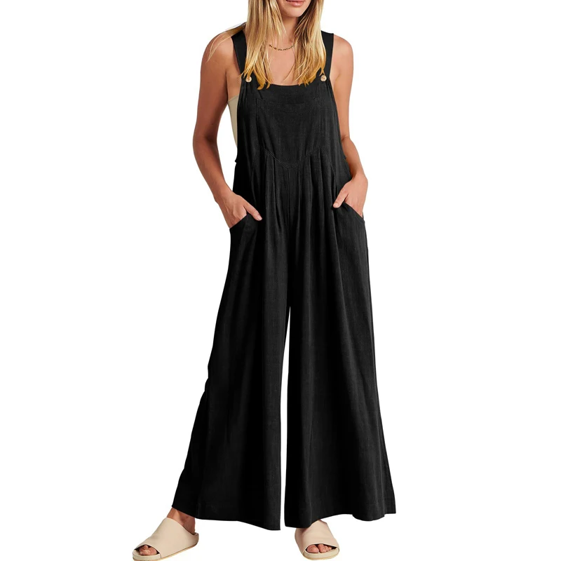 Women Vintage Solid Loose Pockets Cotton Linen Jumpsuits Outfit Summer Fashion Sleeveless Straight Pleated Overalls Rompers Ropa