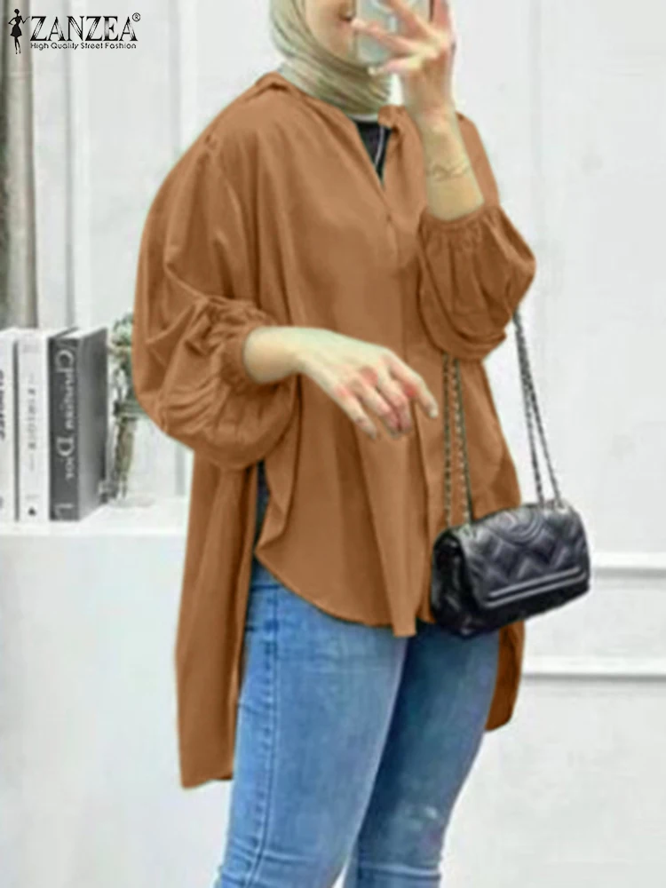 

ZANZEA Autumn Fashion Eid Mubarek Muslim Blouse Vintage Puff Sleeve Tops Woman V-Neck Solid Color Shirt Ramadan Oversized 2023