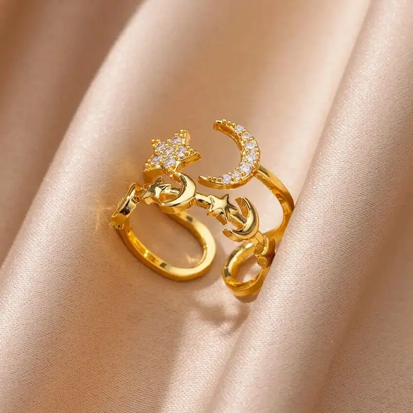 Zircon Star Moon Rings For Women Gold Color Adjustable Stainless Steel Ring