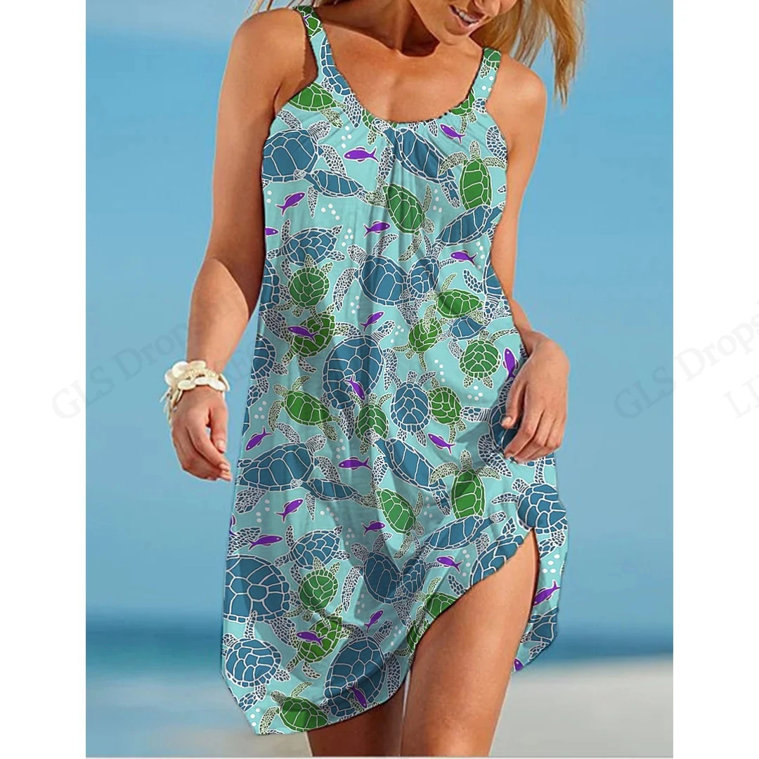 Elegant Sleeveless Mini Dress - Summer Beach Bohemian Sea Turtle Print