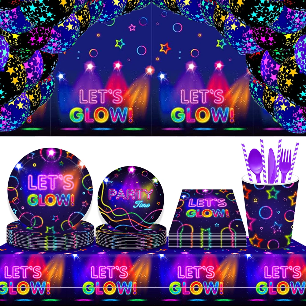 Glow Party Decorations Cups Plates Tablecloth Napkins Banner Neon Latex Balloons for Glow Birthday Disco Party Wedding Supplies