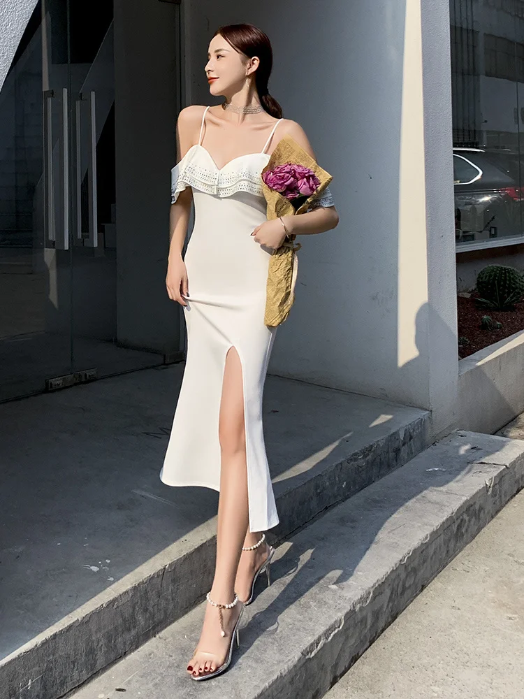

White Evening Dresses for Women 2023 New Light Luxury Temperament Celebrity Small Group High end Satin Strap Dress Summer