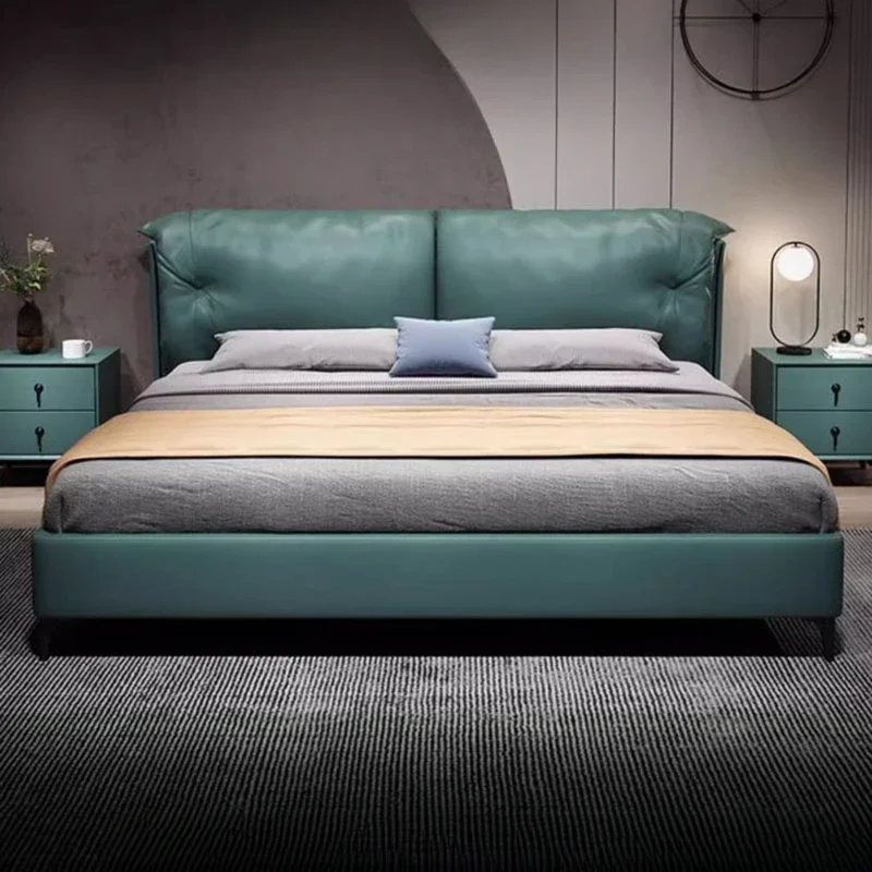 

Queen Size Luxury Double Bed Green Cheap Cute Modern King Double Bed Frame Genuine Leather Lit Deux Place Bedroom Furniture