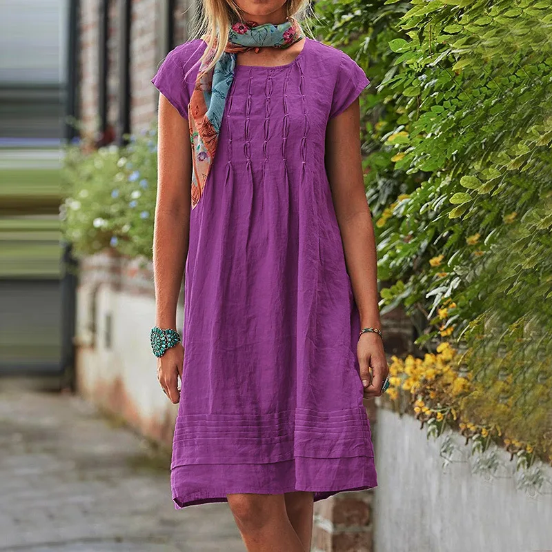 Vestido De Verano Mujer - Lino Y Algodón, Cuello En V, Manga Corta, Corte Holgado, Línea A, Negro, Talla S
