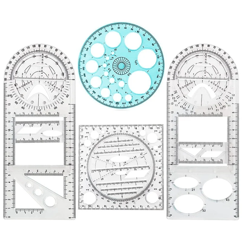 

4 Pcs Multifunctional Geometric Ruler Drawing Tools Plastic Ruler Set Mathematics Measuring Circle Drawing Rulers