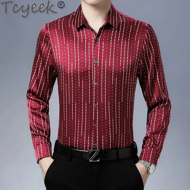 

Spring Tcyeek Autumn 92.5% Mulberry Silk Shirt Casual Fashion Men Clothing Striped Long Sleeves Top Mens Shirts Ropa De Hombre