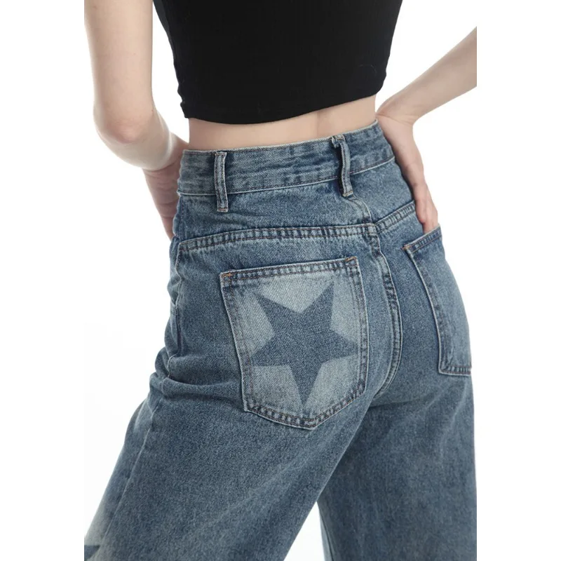 Deeptown Vintage Straight Jeans for Women Y2k Streetwear High Waist Star Print Denim Pants Aesthetic Korean Style Baggy Trousers