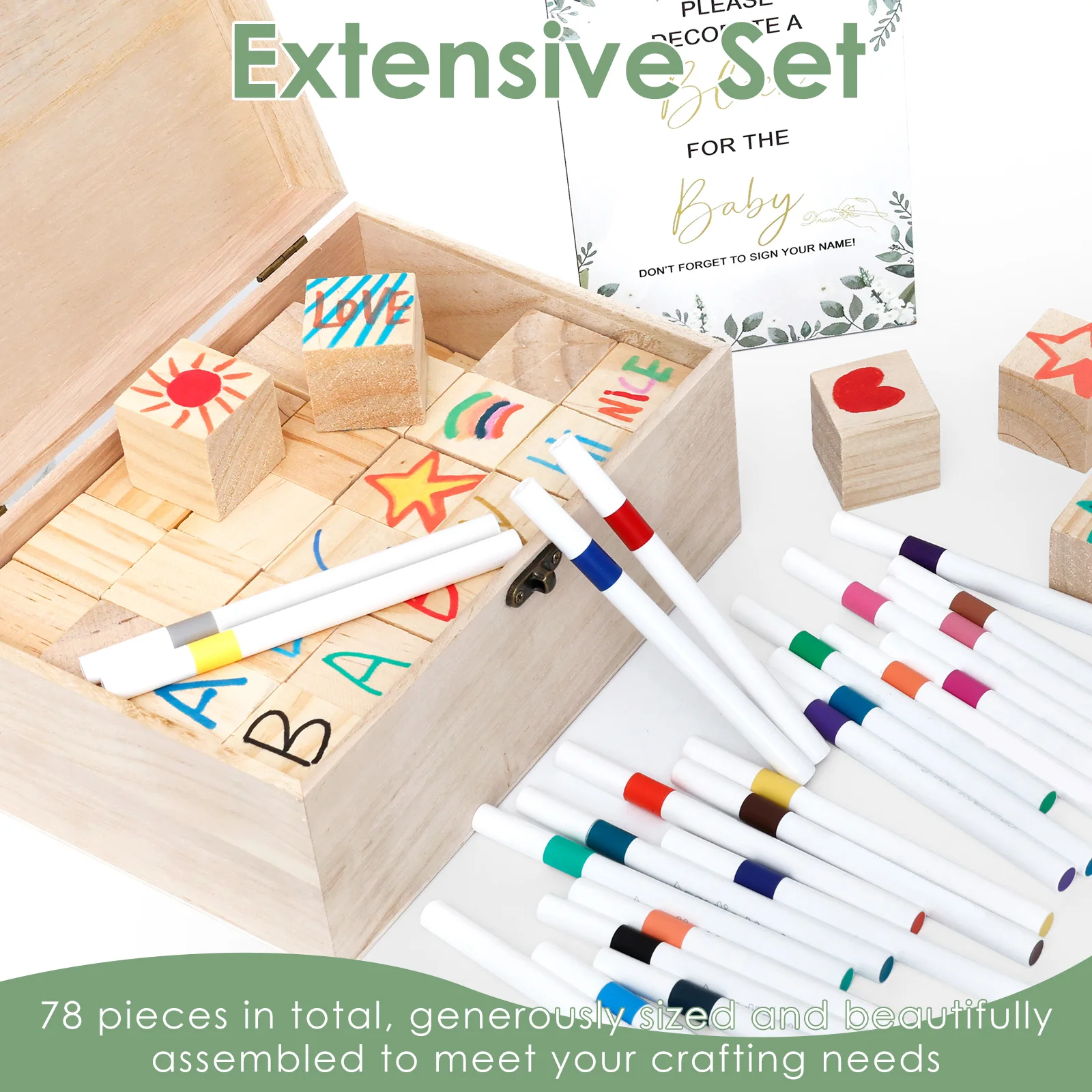 50/78Pcs Fun Baby Shower Games Sign Kit Baby Shower Wooden DIY Blank Blocks to Decorate Game Kit Freehand Painting Markers