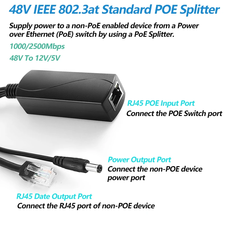 POE 분배기 2.5기가비트 IEEE 802.3af/at/bt 규격 준수 IP 카메라 및 라즈베리용 48V에서 12V/5V까지의 이더넷을 통한 전원 공급