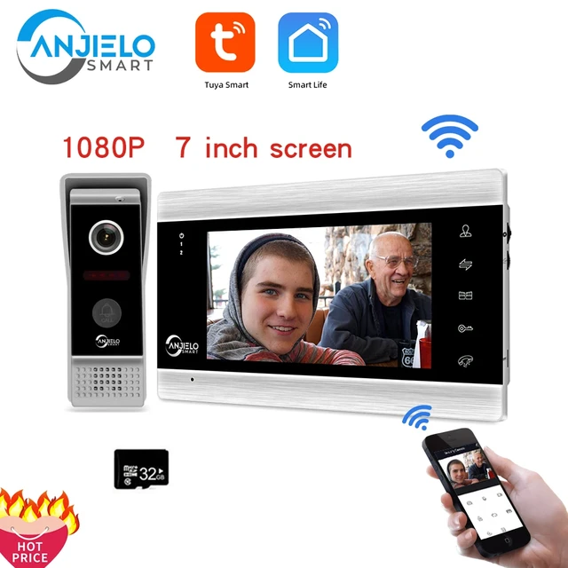 Timbre de video inalámbrico con sistema de monitor, timbre sin WIFI 1080P  HD cámara con pantalla de 7 pulgadas, desbloqueo, monitoreo, fotografía