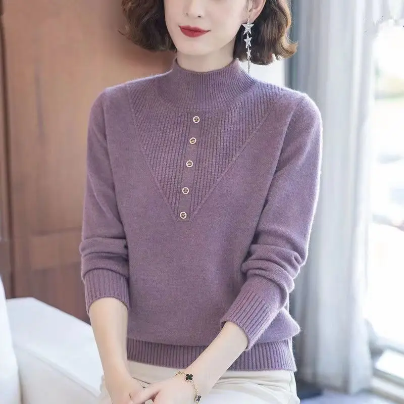 

2023 New Autumn and Winter Fashion Simple Solid Color Half High Neck Patchwork Knit Temperament Middle-aged Mom Casual Sweater