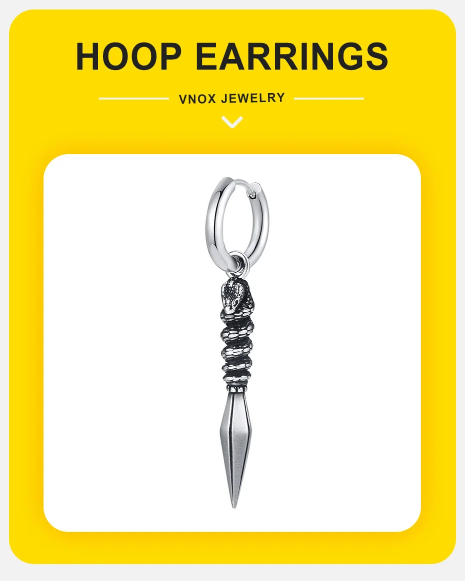 Vnox 1 Stück Rock-Punk-Pfeilspitzen-Ohrring für Männer und Jungen, cooler Edelstahl-Schlangen-Speerpunkt-Stil, baumelnder Ohrschmuck, Geschenk-Schmuck. – Detail 1