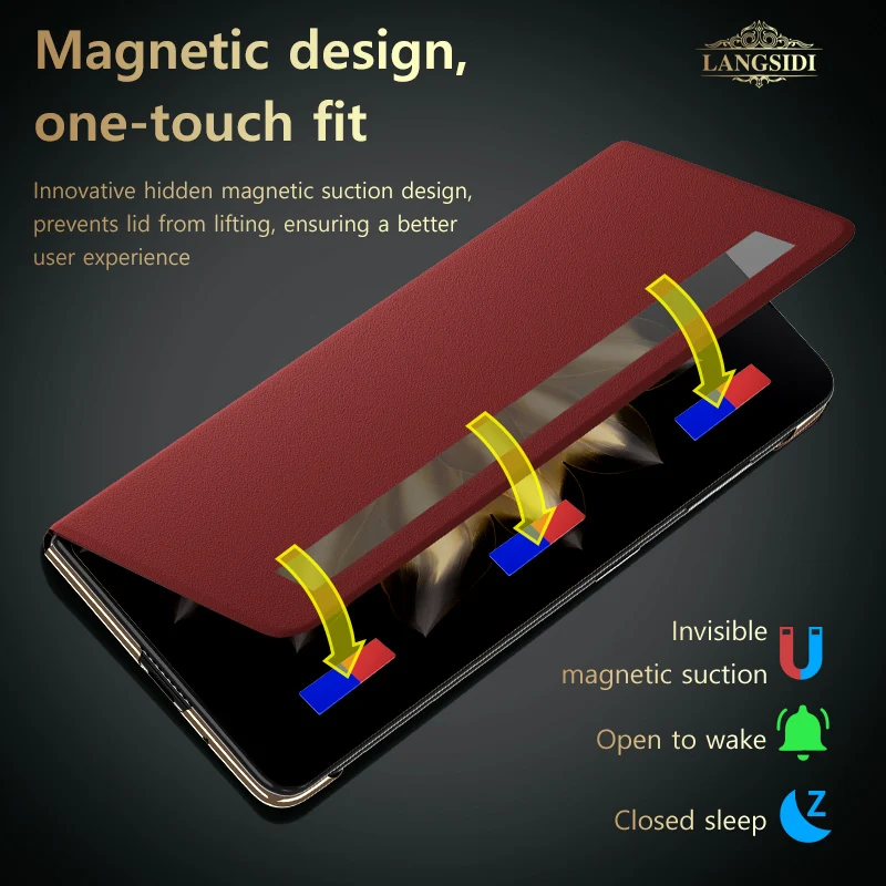 LANGSIDI Cowhide Genuine Leather Magnetic Smart flip case for Honor Magic V2 VS2 Luxury Wriststrap bracket Stand Leather Cover 3