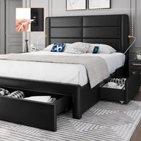 Large bed platform with 2 USB charging stations/Type a and Type C ports /3 storage drawers/solid wood strip support/black 1