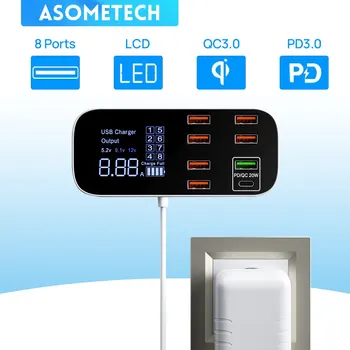 ASOMETECH 데스크탑 USB 충전기 스테이션, LED 디스플레이, 아이폰 14, 13 프로, 샤오미, 8 포트, QC3.0, PD3.0, 고속 USB 충전