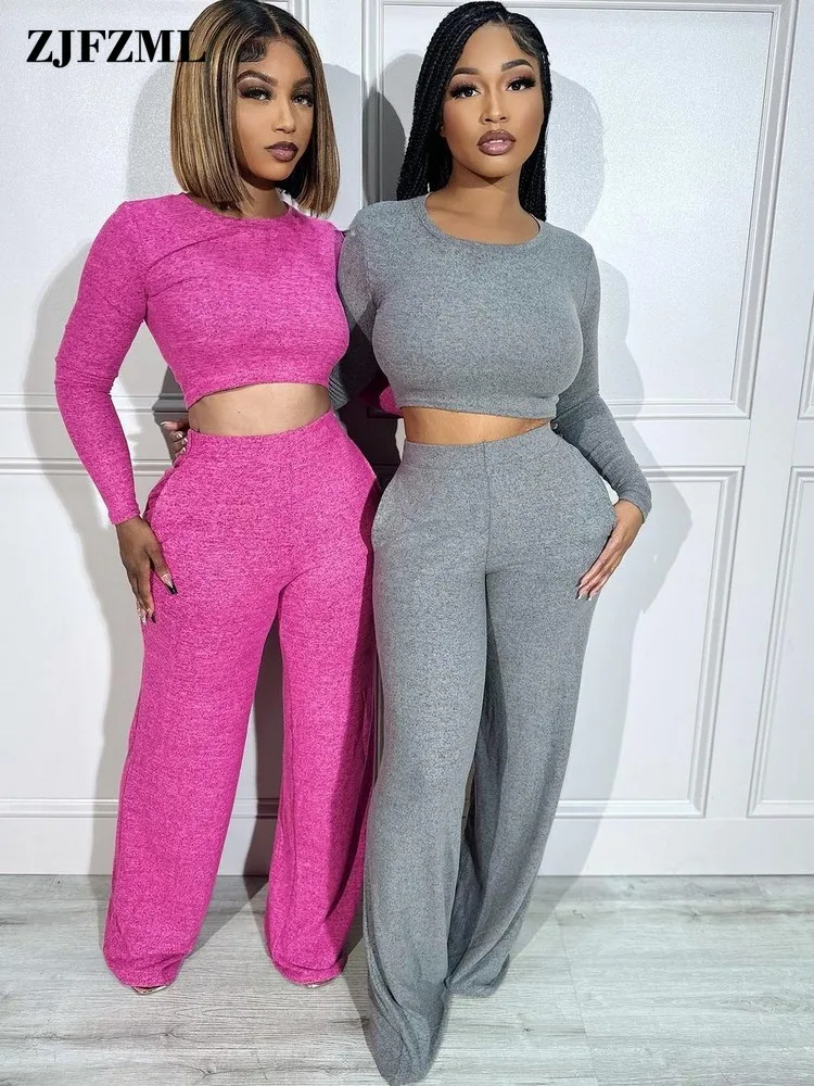 

Casual Lounge 2 Piece Sets Homecoming Suits For Women Long Sleeve Crop Top + Elastic Waist Straight Leg Trousers Matching Sets