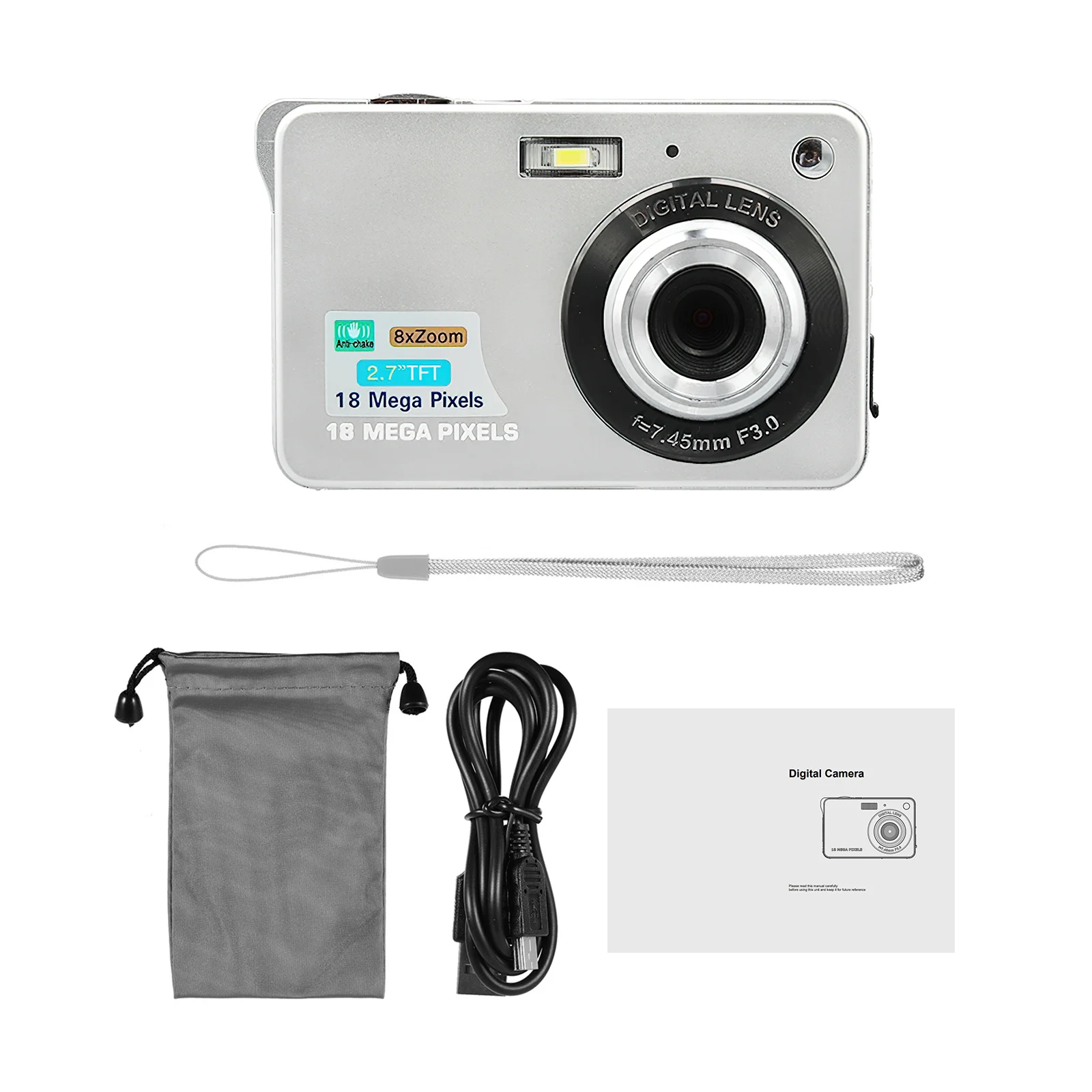 Portable Digital Camera 720P Video Camcorder 18MP Photo 8X Zoom Anti-shake 2.7 Inch Large TFT Screen USB Charge with Carry Bag