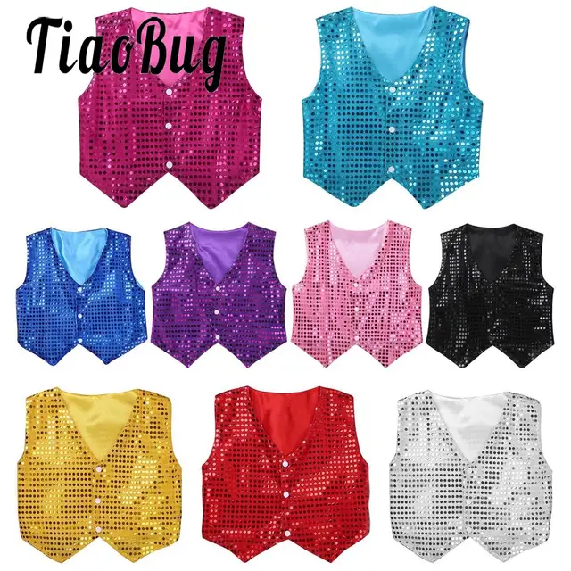 Gilet de danse Hip Hop pour enfants, garçons et filles, gilet à paillettes brillantes, déguisement de fête Disco, Costume de spectacle de chorale, 3-15 ans 1