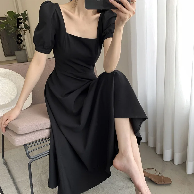 

Korean Dresses Autumn 2022 New Long-Sleeved French Vintage Hepburn Style Square Neck Black Dress Women'S Long Dresses Robe Femme