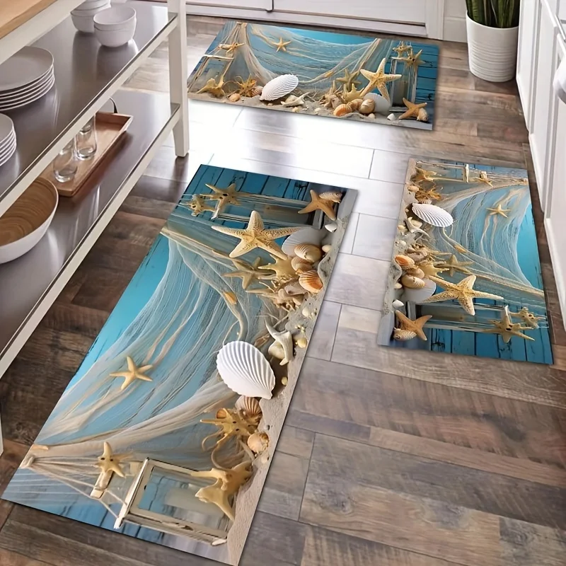 Beach Seashells Starfish Print Kitchen Rugs Balcony Hallway Non-Slip Floor Mat Bath Toilet Doormat Bedroom Bedside Carpets Decor 2
