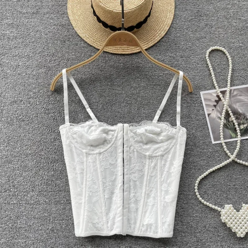 Women Camisole Tops Skinny Backless Multi-color Embroidery Lace Spaghetti Strap Fishbone