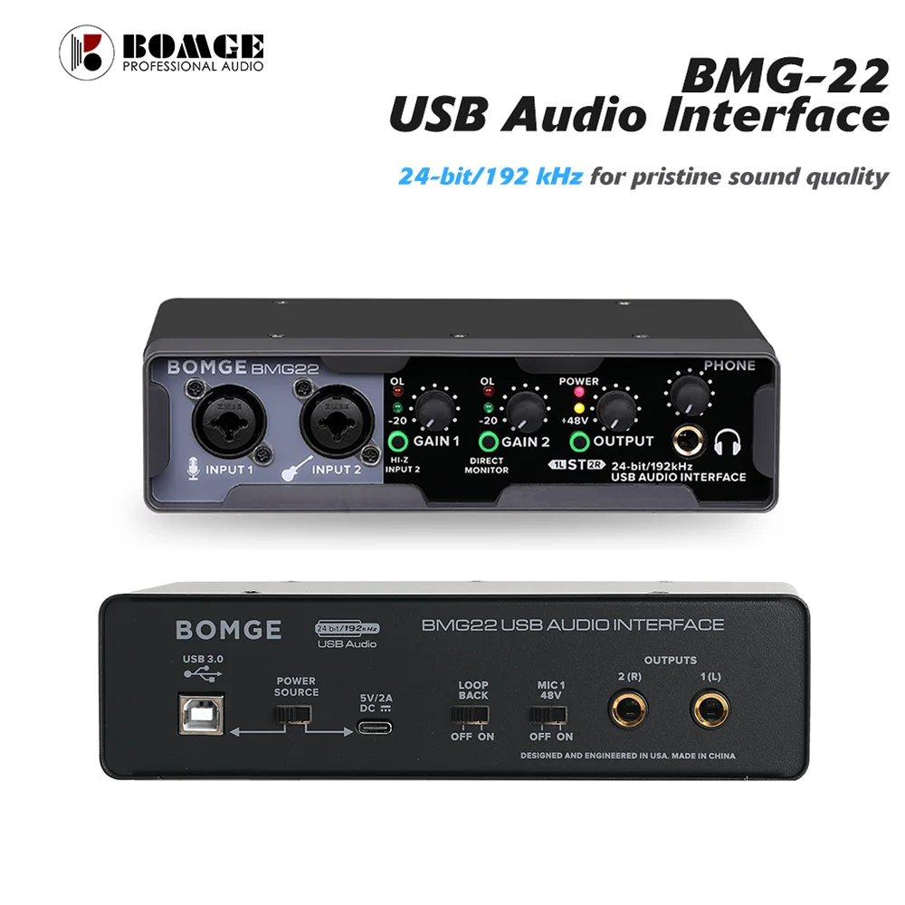 BOMGE BMG22 Audio Interface 2i2 Professional Sound Card 24bit/192 Khz