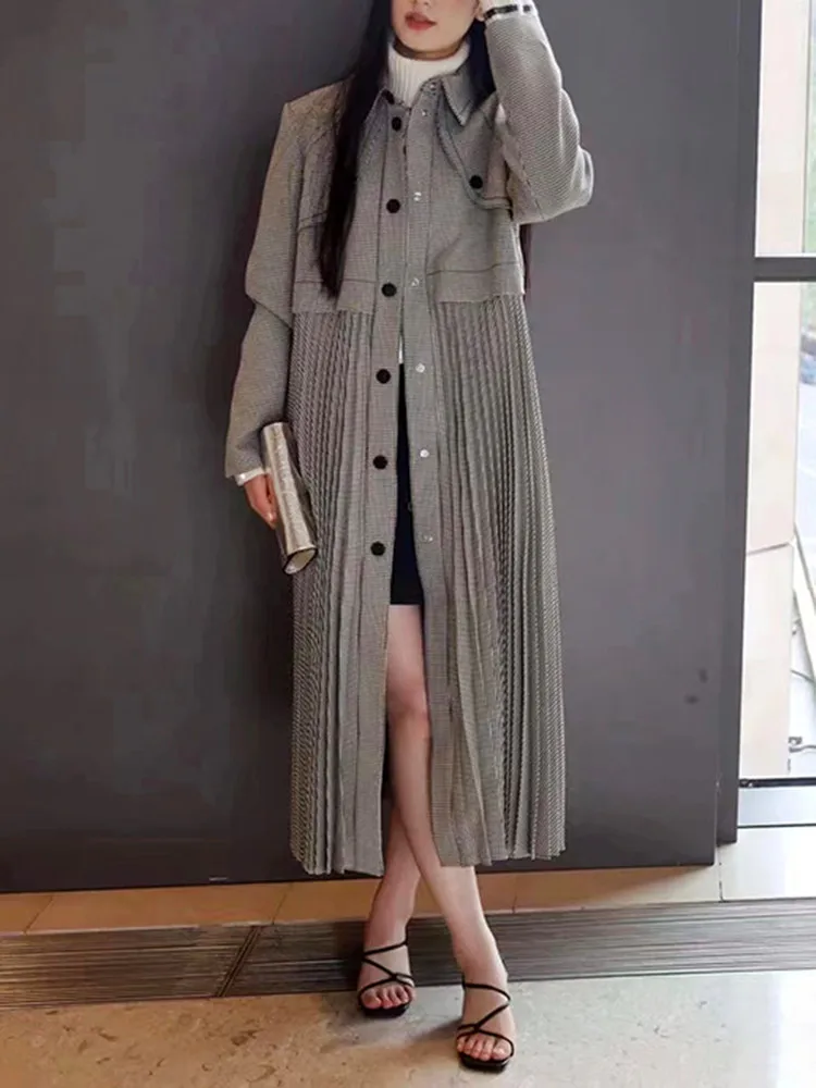 

Fake Two Pieces Women Pleated Long Windbreaker Turn-Down Collar Single Breasted Fashion Houndstooth Jacket for Lady 2023 Autumn