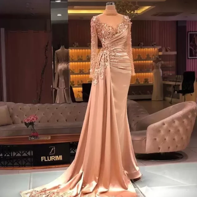Asoebi Style 2021 New Prom Dresses Long Sleeve Gold Lace Evening Dress  Illusion Neck Mermaid Arabic