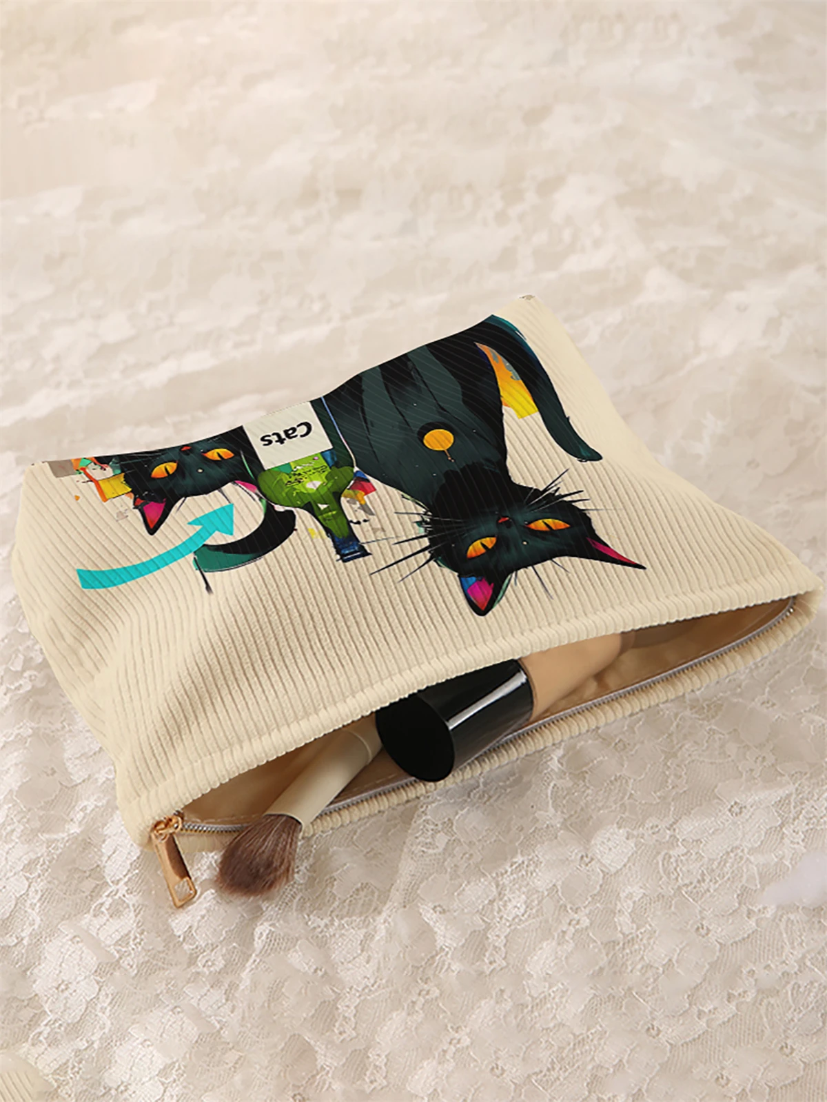 1 cat patterned corduroy makeup bag, lightweight zipper makeup storage box, multifunctional bag with lining