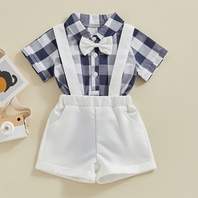 

Tregren 0-24M Infant Baby Boy Summer Outfits Short Sleeve Button Down 3D Bowtie Plaid Tops + Adjustable Suspender Shorts Sets