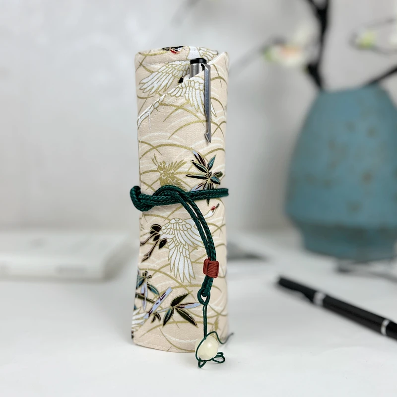 레트로 중국풍 펜 커튼 수제 펜 가방 대용량 펜 가방 5+1팩 노란 구름 크레인 롤 필통