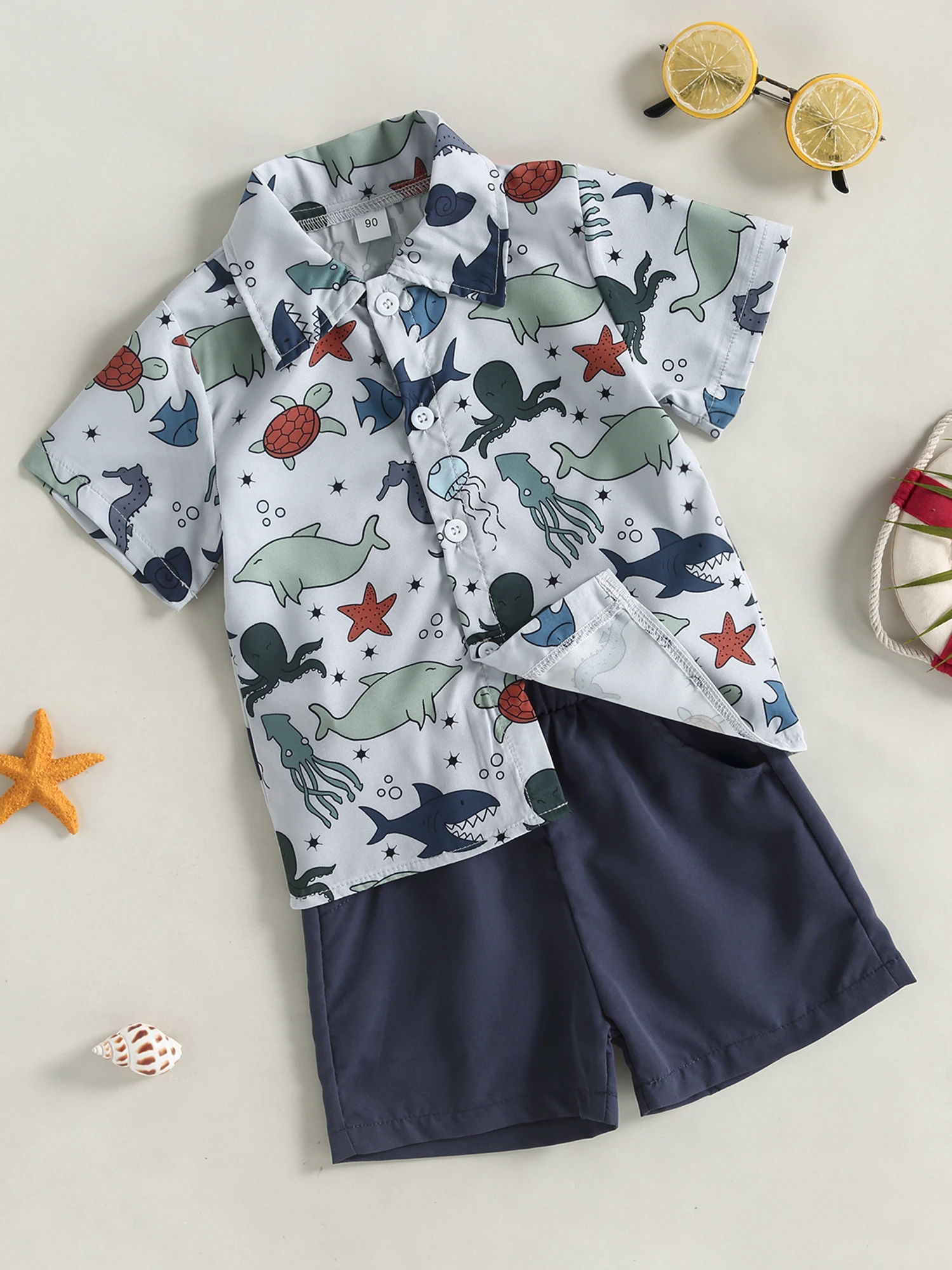 

Baby Boys Kid Summer Clothes Short Sleeve Lapel Button Down Print Shirt Elastic Waist Shorts 2Pcs Casual Outfit Set - Stylish