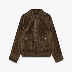 Spring High Street Women's Brown Coat with Big Pockets and Zipper - S (Brown)