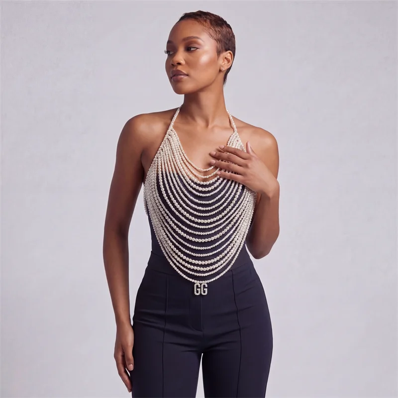 Damen Mehrlagiges Perlenketten-Neckholder-Top Sexy Rückenfreies Körpergeschirr für Party Strand Rave Festival Nachtclub Clubwear Outfits – Detail 2