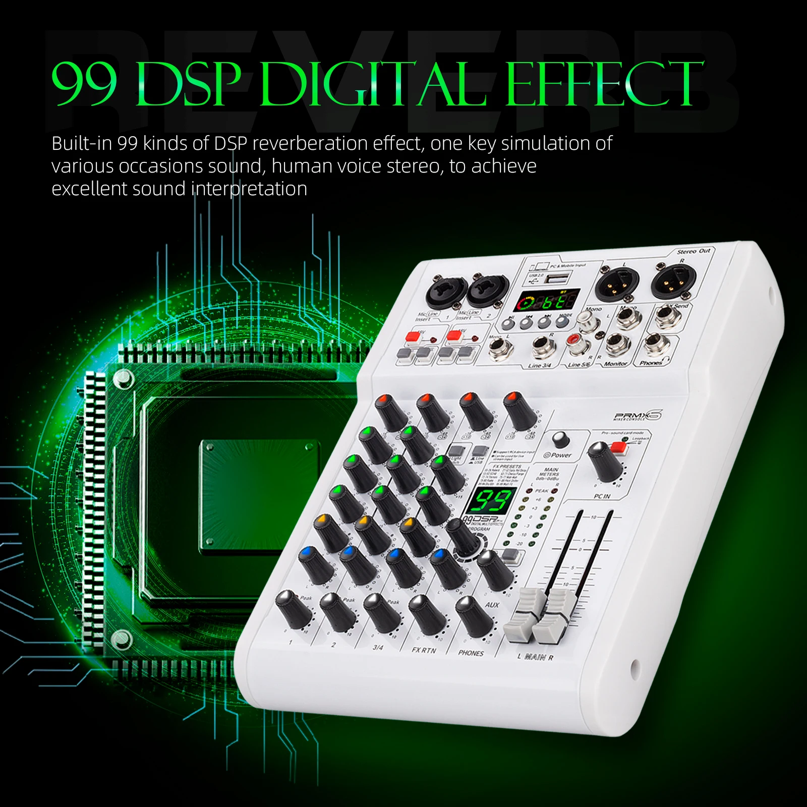 PRMX-6 오디오 믹서, 5.0 BT, 99 DSP 디지털 리버브, USB 레코딩, 스튜디오 품질 24비트/192khz를 갖춘 DJ 믹서, 스튜디오, 라이브용