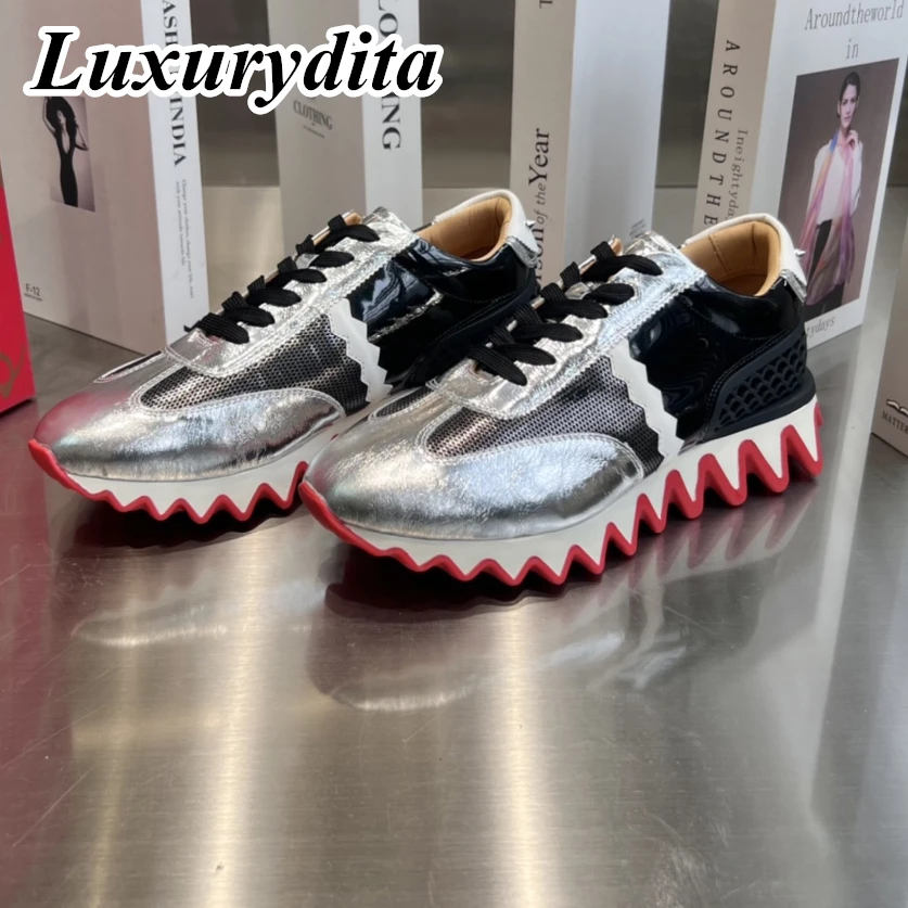 

LUXURYDITA Designer Men Casual Sneakers Real Leather Red sole Luxury Womens Tennis Shoes 35-47 Fashion Unisex loafers HJ122