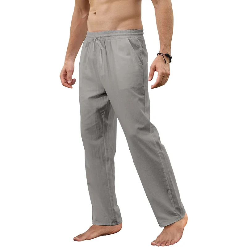 Men Trousers Cotton Linen Loose Autum Casual Breathable Solid Color Drawstring Jogger Yoga Long