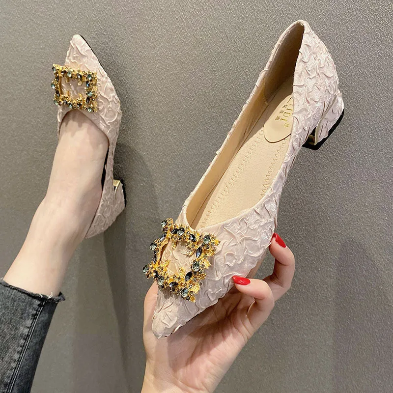 

New Shoes for Women Fashion Chunky Heels Pumps New rhinestone square buckle High Heels Shoes Sweet Loafers