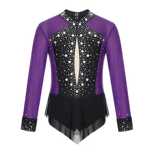 Kids Girls Rhinestones Color Block Rhythmic Gymnastics Dress Mesh Patchwork Leotard Skirted Bodysuit for Dancing Figure Skating - Image 7